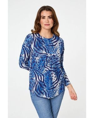 Izabel London Animal Print Long Sleeve Curve Hem Top - Blue