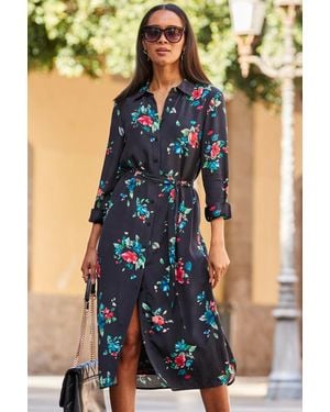 Sosandar Floral Print Belted Midi Shirt Dress - Blue
