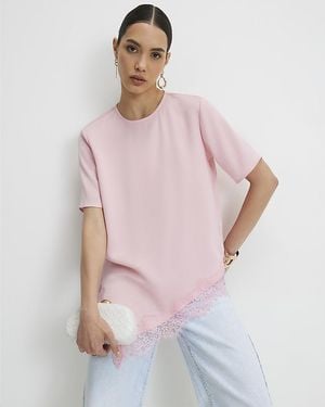 River Island T-Shirt Asymmetric Lace Trim Satin - Pink