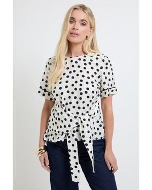 Wallis Petite Polka Dot Tie Side Sleeve Detail T Shirt - White