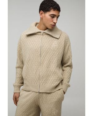 BoohooMAN Regular Fit 1/4 Zip Funnel Neck Embroidered Knitted Sweatshirt - Natural