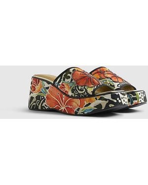 River Island Mule Wedges Flower Print Floral Del Maar Textile - Brown