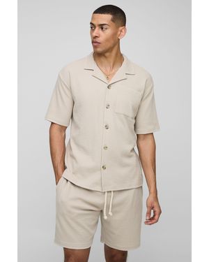 BoohooMAN Oversized Contrast Stitch Waffle Shirt & Loose Fit Short - Natural