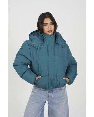 Brave Soul Oversized Hooded Short Puffer Jacket - Blue