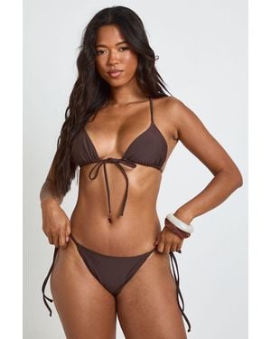 Boohoo Bead Trim Triangle Bikini Top And Tie Side Bottom - Brown
