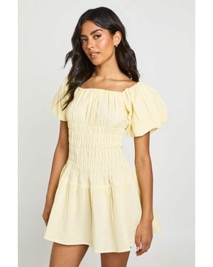 Boohoo Linen Look Puff Sleeve Shirred Mini Dress - Natural