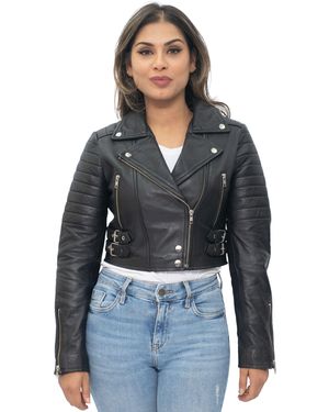 Infinity Leather Cropped Brando Biker Jacket-Damascus - Black