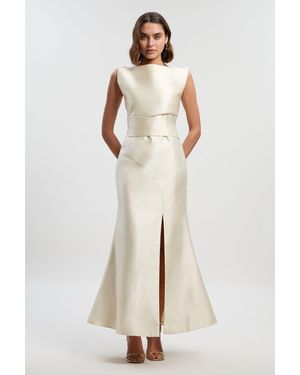 Karen Millen Satin Twill Draped Waist Structured Tailored Maxi Dress - Natural