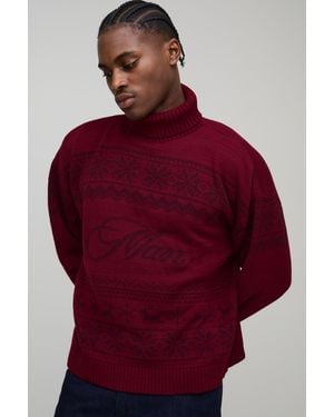 BoohooMAN Oversized Boxy Roll Neck Christmas Fair Isle Knitted Jumper - Red