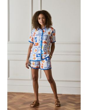 Izabel London Printed Contrast Trim Relaxed Shirt Short Sleeve - Blue