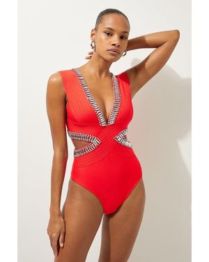 Karen Millen Bandage Embellished Trim Cut Out Swimsuit - Red