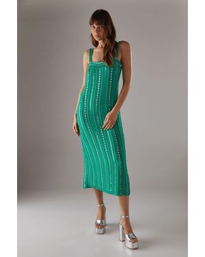 Warehouse Hand Embellished Sequin Square Neck Strappy Midi Dress - Green