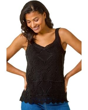 Roman Cotton Crochet Knit Vest Top - Black