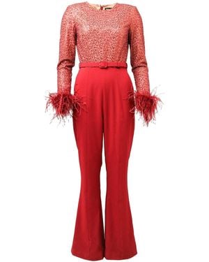 Lavish Alice Womenss Sequin Feather Jumpsuit - Red