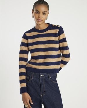 River Island Jumper Knitted Stripe Heart Button - Blue