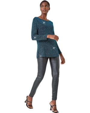 Roman Sparkle Cowl Back Detail Stretch Top - Blue