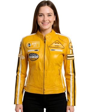 Infinity Leather Biker Racing Badges Jacket-Dalby Lamb Leather - Yellow