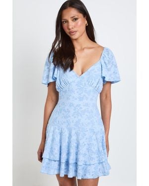 Boohoo Burnout Floral Milkmaid Frill Detail Dress - Blue