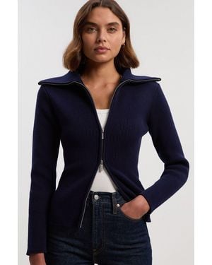 Karen Millen Cotton Zip Through Collar Knit Cardigan - Blue