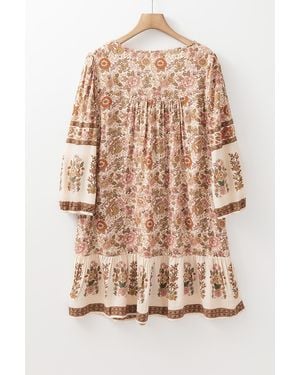 Azura Exchange Apricot Floral Print Tassel Drawstring V Neck Loose Mini Dress - Natural