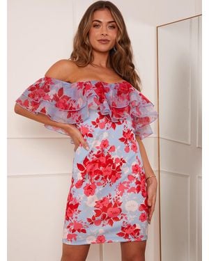Chi Chi London Organza Ruffle Floral Bodycon Mini Dress - Red