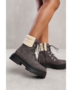 Where's That From Wheres 'Kaia' Lace Up Ankle Boot With Sherpa Trim And Chunky Sole - Grey