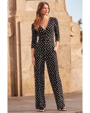 Sosandar Spot Print Wrap Wide Leg Jumpsuit - Black