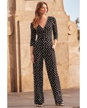 Sosandar Spot Print Wrap Wide Leg Jumpsuit - Black