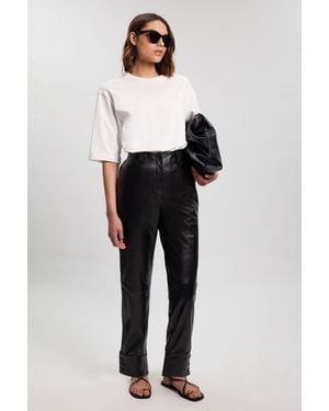 Karen Millen Leather Straight Leg Button Detail Trouser - Black