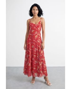 Warehouse Floral And Spot Print Cowl Back Maxi Slip Dress - Red