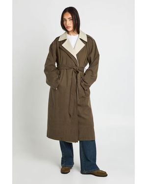 Boohoo Double Layer Detail Longline Trench Coat - Green