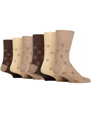 Gentle Grip 6 Pack Non Elastic Square Patterned Cotton Socks For Poor Circulation - Brown