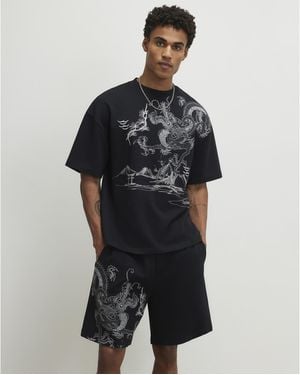 River Island T-Shirt Oversized Japanese Dragon Cotton - Black