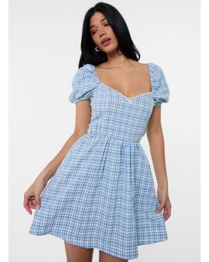 Pink Vanilla Puff Sleeve Gingham Dress - Blue
