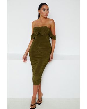 Femme Luxe Bardot Cowl Neck Ruched Midi Dress - Green