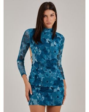 Pink Vanilla Graphic Floral High Neck Dress - Blue
