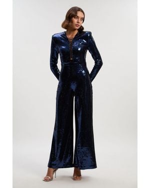 Karen Millen Sequin Power Mesh Lace Up Detail Long Sleeve Jumpsuit - Blue