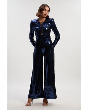 Karen Millen Sequin Power Mesh Lace Up Detail Long Sleeve Jumpsuit - Blue