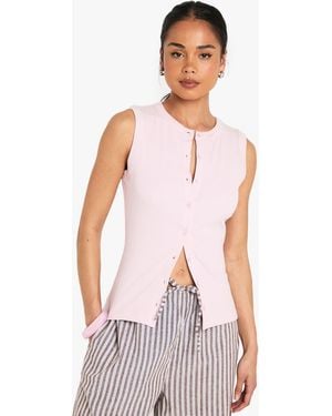 Boohoo Ribbed Button Front Longline Top - White