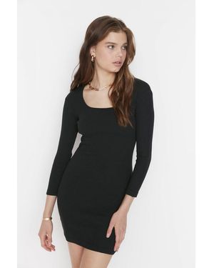 Trendyol Scoop Neck Bodycone Midi Dress Cotton - Black