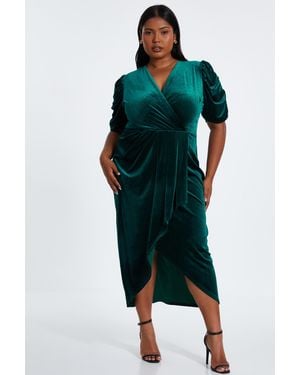 Quiz Curve Bottle Velvet Wrap Midi Dress - Green