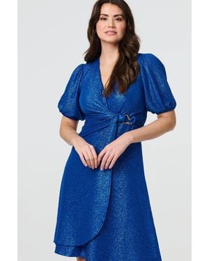 Izabel London Sparkly 1/2 Sleeve Belted Wrap Dress - Blue