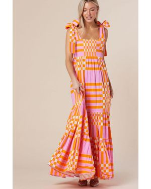 Azura Exchange Check Print Midi Dress With Smocked Bodice - Orange