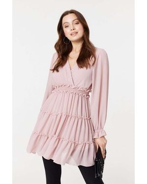 Izabel London Lace Detail Long Sleeve Mini Dress - Pink