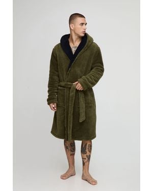 BoohooMAN Borg Lined Hooded Dressing Gown - Green