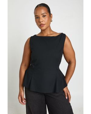 Boohoo Plus Linen Look Slash Neck Peplum Top - Blue