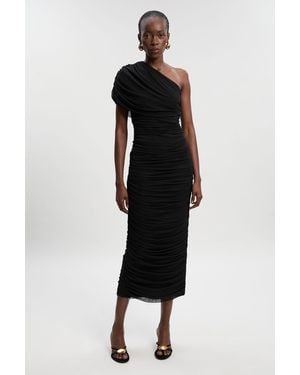 Karen Millen Bandage Mesh Gathered Asymmetric Neck Knitted Maxi Dress - Black