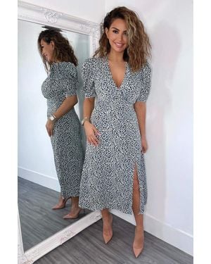 AX Paris Animal Print Pleated Sleeve Midi Dress - Blue