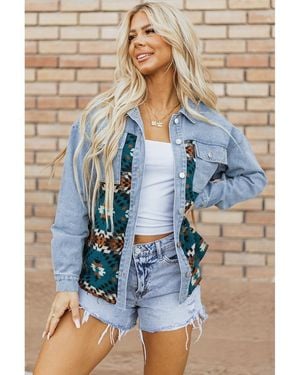 Azura Exchange Aztec Printed Denim Jacket Cotton - Blue