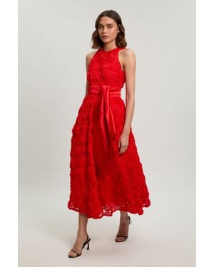 Karen Millen Rosette Tulle Satin Belt Woven Prom Dress - Red